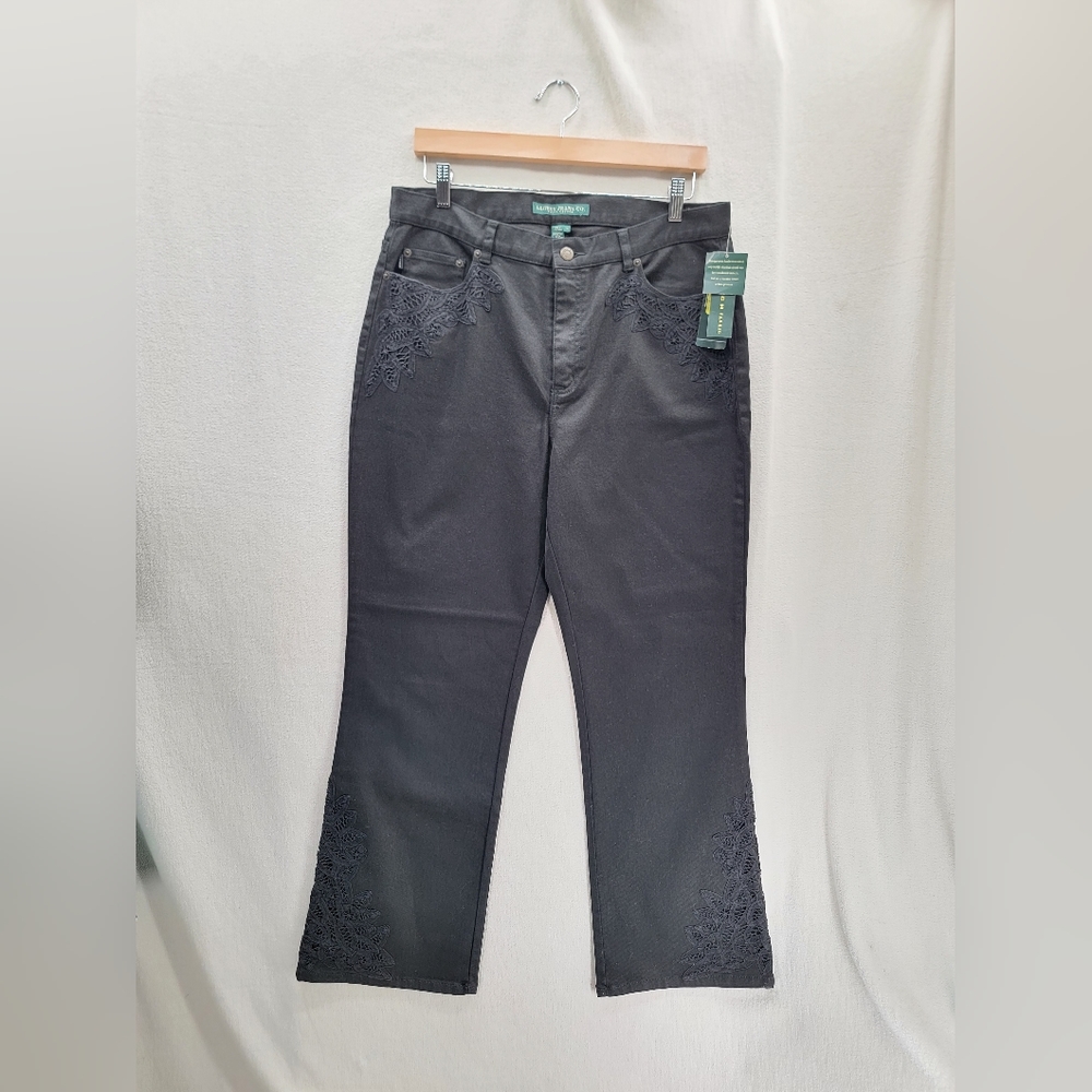 NWT Ralph Lauren Jeans Co. Floral Embroidered Black Denim  $109 Jeans Size-14